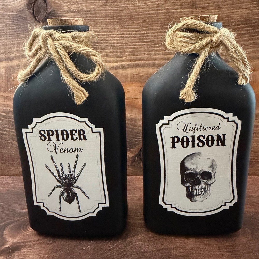 Way To Celebrate Matte Black Glass Potion Bottles Spider Venom Poison Set of 2